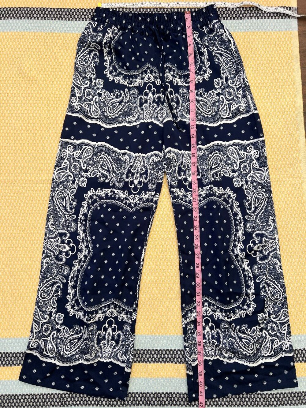 Maison d'Amélie Navy Blue White Satin Paisley Wide Leg Pants Small